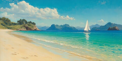 Serene Coastal Sailboat: Idyllic Beach Scene in Impressionistic Style