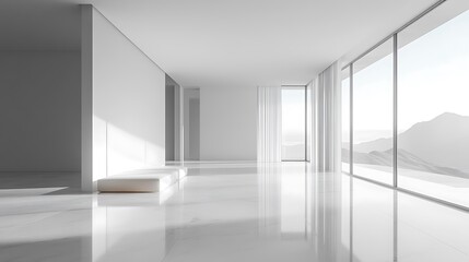 Fototapeta premium Bright minimalist interior design with mountain view photography