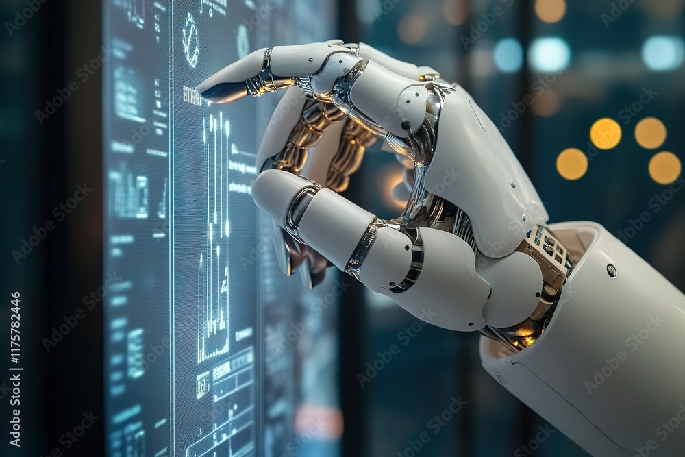 Poster robotic hand interacts with a digital interface, showcasing advanced technology.