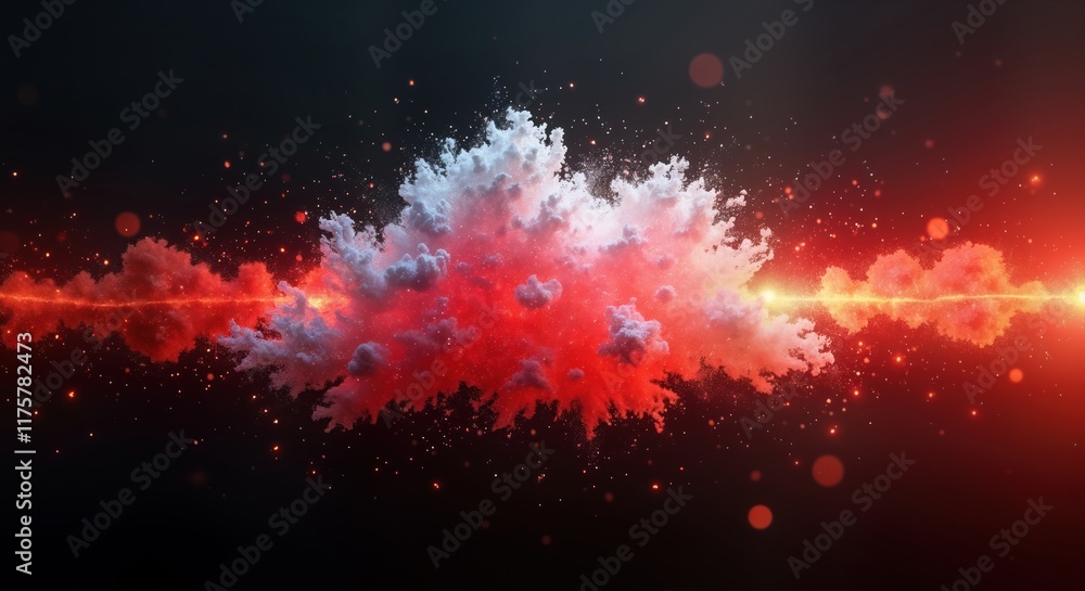 Poster abstract digital graphic with vibrant white red, orange particle clouds against black background. dy