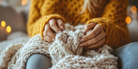 Woman knits cozy blanket, indoor, warm lights. Cozy autumn home