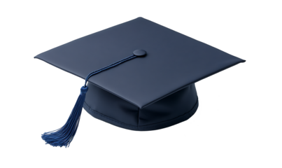 A Navy Blue Graduation Cap With a Black Tassel Resting on a White Background.PNG