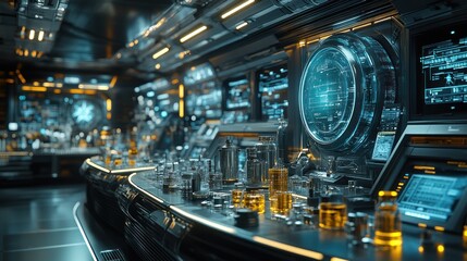 Naklejka premium A futuristic laboratory filled with glass containers and advanced technology.