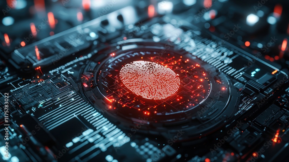 Poster cybersecurity: fingerprint authentication on futuristic circuit board