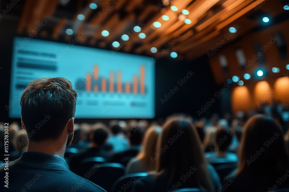 Poster audience watching a presentation with data charts on a large screen.