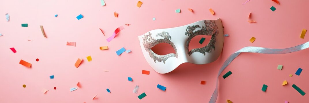 White and silver carnival mask lying on a vibrant pink background, surrounded by colorful confetti, creating a festive and celebratory atmosphere perfect for mardi gras or any masquerade party
