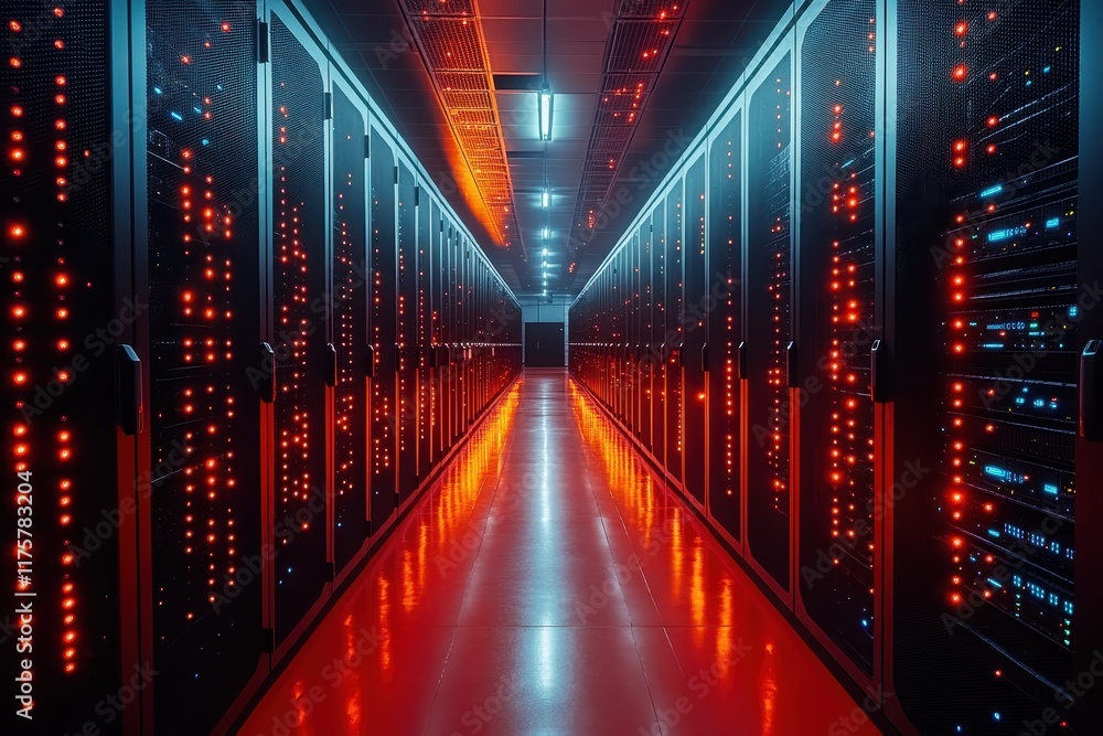 Poster advanced data center filled with vibrant red and blue lights highlighting server racks