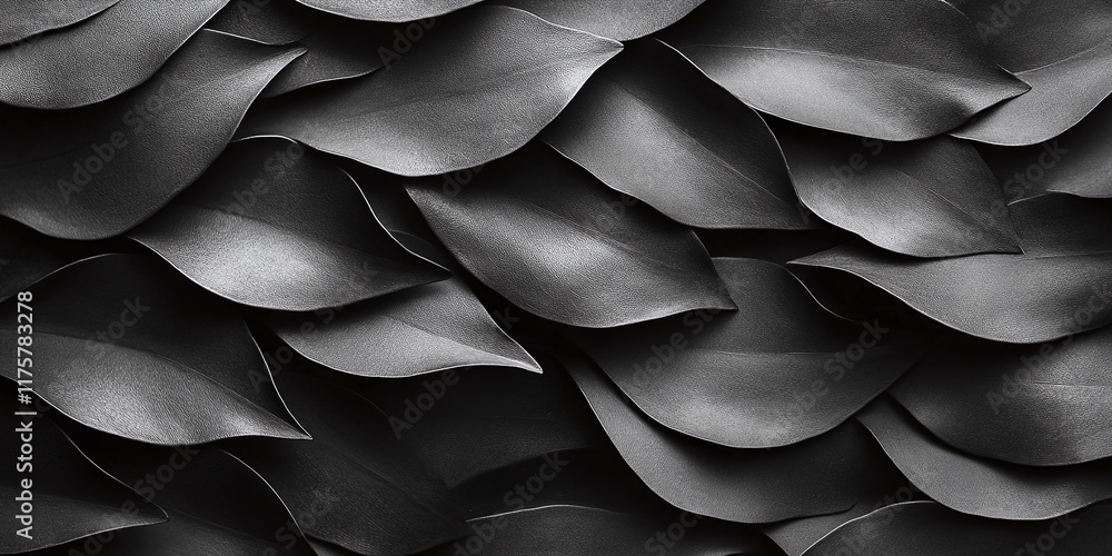 Aufkleber abstract close-up of overlapping, curved black leaves creating a layered texture with dramatic light