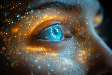 A close-up of a blue eye with intricate details is surrounded by glowing particles and light effects.