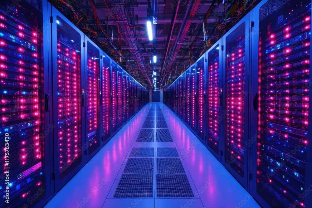 Aufkleber high-tech server room with illuminated racks and intricate wiring at a data center during nighttime 