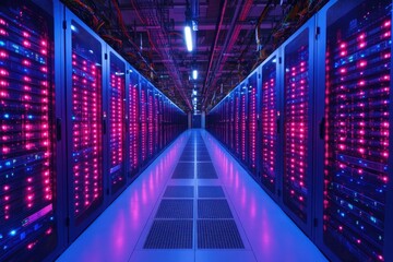 Fototapeta premium High-tech server room with illuminated racks and intricate wiring at a data center during nighttime operations