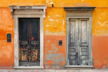 Fototapeta premium Orange concrete wall with two old wooden doors in european city. Detailed photo textured background