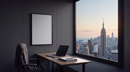  Poster mockup with thin elegant frame on gray office wall in modern minimalist style - generative AI