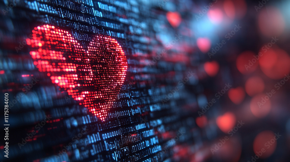 Wall mural a digital representation of binary codes and cyberspace forming heart shapes symbolizing love in fut