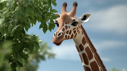 Naklejka premium A close-up of a giraffe among green foliage under a blue sky.