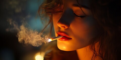 Fototapeta premium Woman smoking cigarette, dimly lit room. Sensual portrait, mood