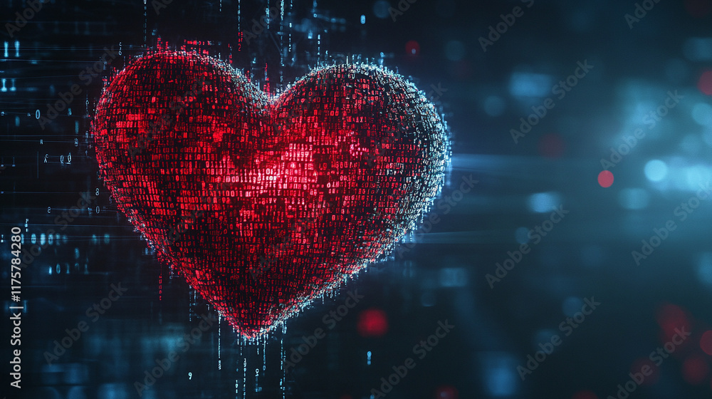 Wall mural a digital representation of binary codes and cyberspace forming heart shapes symbolizing love in fut