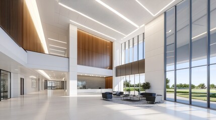 Modern office lobby with large windows and minimalist design.