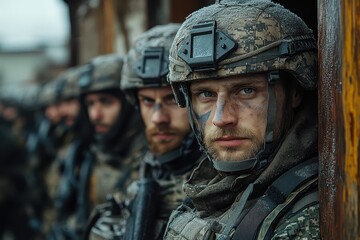 Obraz premium Soldiers in tactical gear preparing for an operation in a cold environment