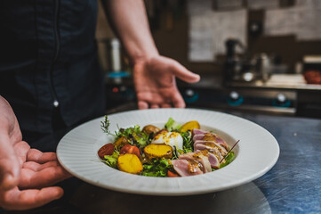 A chef presenting a beautifully plated dish featuring sliced meat, colorful vegetables, and a fresh salad, showcasing culinary artistry in a professional kitchen setting.