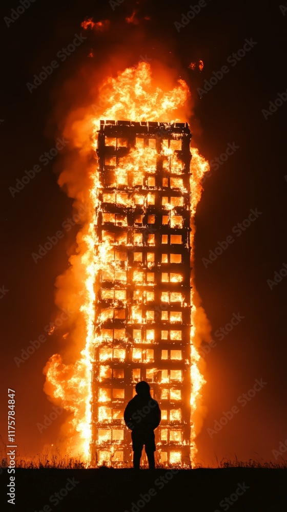 Poster huge fire engulfing a multi story building at night, creating a dramatic scene with a lone figure ob