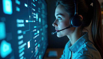 Woman wearing headset, looking at glowing computer screen. Works at call center providing online customer support. Tech support agent focused on assisting clients with personal assistant services