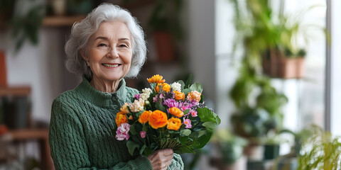 Fototapeta premium Cheerful elderly woman holding a bouquet of vibrant multicolored flowers in a cozy indoor setting. The image radiates warmth, joy, and a connection to nature and beauty.
