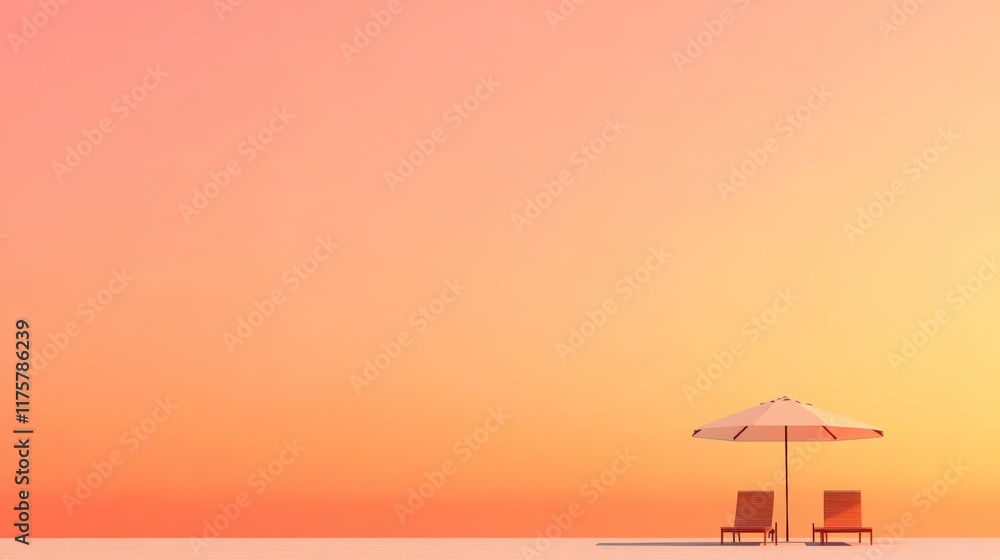 Poster two empty sunbeds under a beach umbrella stand on a sandy beach during a vibrant sunset, creating a 