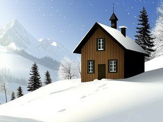 Fototapeta premium Snow-covered wooden house surrounded by trees and mountains