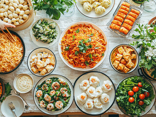 Chinese new year family reunion dinner table festive celebration home culinary delight aerial view cultural heritage