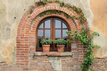  Red brick wall and arched window of classical european building in Rome. Detailed photo textured background