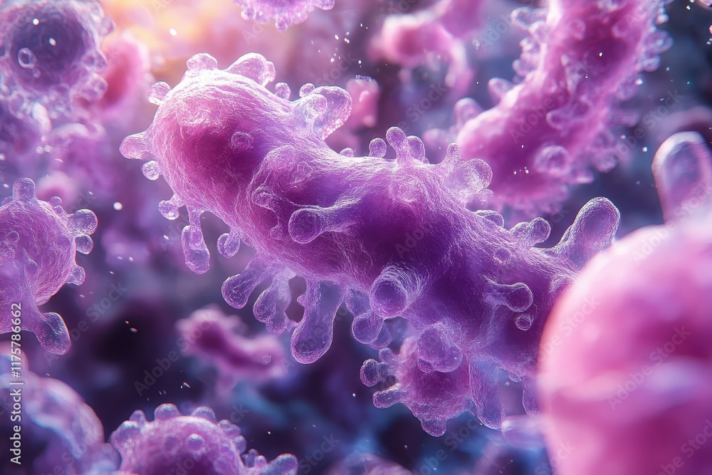 Poster microbial life forms exhibit intricate structures and vibrant colors under magnification in a labora