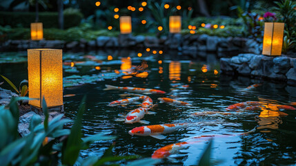 Floating lanterns illuminate koi fish pond in celebration of chinese new year tranquil night scene with cultural essence