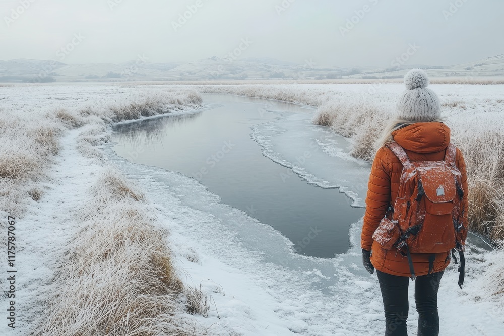Poster exploring a frozen landscape by a stream on a chilly winter day in the countryside with snow-covered