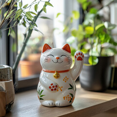 Celebrating chinese new year with a lucky cat figurine in an indoor garden setting embracing prosperity and joy