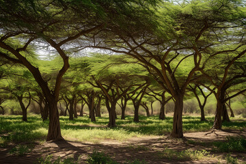 A dense grove of acacia trees with their umbrella-shaped canopies casting dappled shade on the ground