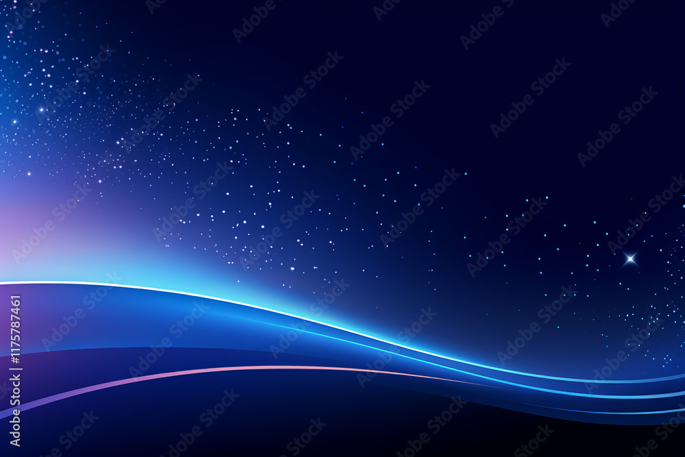 Poster abstract glowing blue background with flowing lines and stars in a dark space for presentation slid 