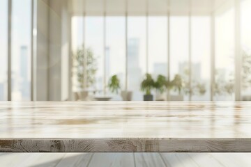 Fototapeta premium Empty light wood table against blurred city backdrop. Perfect for product display.