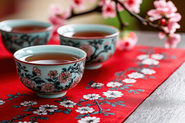 Celebrating chinese new year with traditional tea elegant setting red tablecloth serene atmosphere cultural heritage