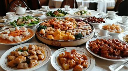 Chinese new year celebration round table with symbolic dishes indoor restaurant vibrant atmosphere festive gathering