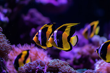 Fototapeta premium A group of butterflyfish darting around a coral garden, their bright yellow and black patterns standing out