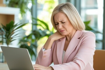 Fototapeta premium Professional Woman Experiencing Neck Pain While Working at Laptop