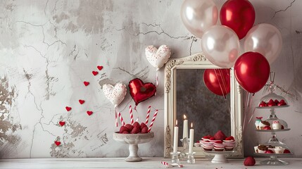 heart-shaped balloons tied to the wall