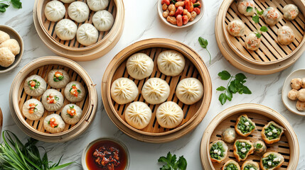 Bamboo steamers filled with buns and dumplings celebrate chinese new year festive feast culinary art indoor gathering tradition