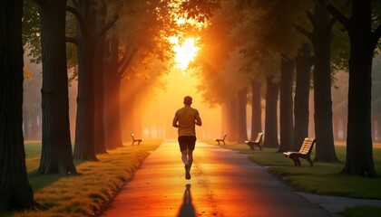 Man jogging in park at sunrise. Peaceful morning scene with trees lining path. Golden sunlight illuminates pathway. Active lifestyle in nature. Perfect for fitness, healthy living concepts. Outdoor