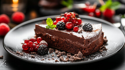 A luxurious chocolate dessert served in a fine dining restaurant
