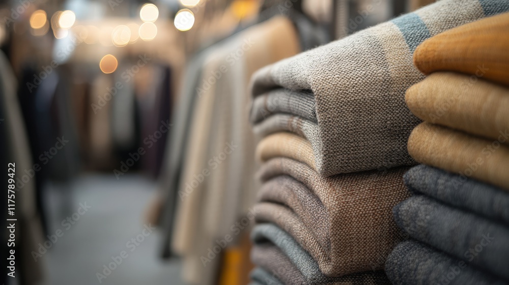 Poster cozy and warm textiles displayed in a charming boutique setting with soft lighting, featuring a stac