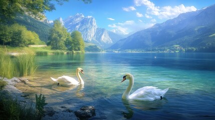 Two majestic swans on a pristine lake, nestled amidst a breathtaking mountain range under a vibrant blue sky.
