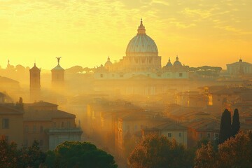 Obraz premium Beautiful sunrise over Vatican City illuminating Saint Peter's Basilica and ancient Roman architecture