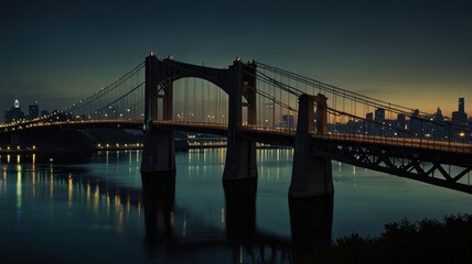 Night cityscape with illuminated suspension bridge over river.